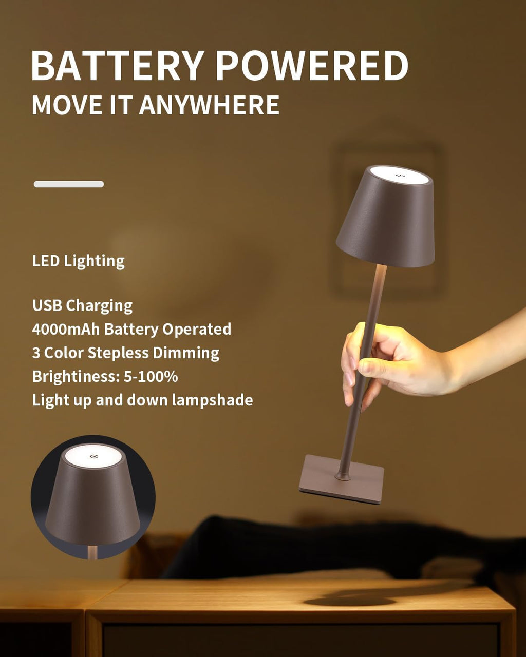 KDG 2 Pack Cordless Brown Table Lamps, Rechargeable Portable LED Desk Lamps