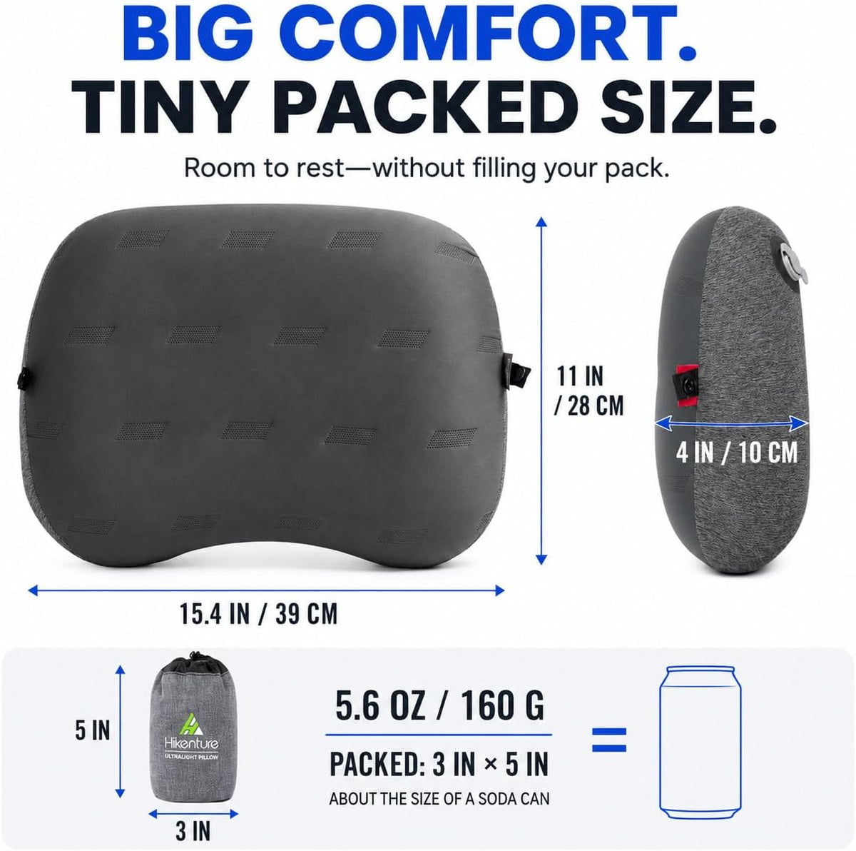 Hikenture Ultralight Inflatable Camping Pillow with Removable Cover, Grey