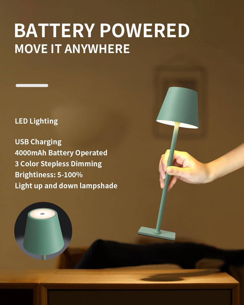 KDG 2 Pack Cordless Green Table Lamps, Rechargeable Portable LED Desk Lamps