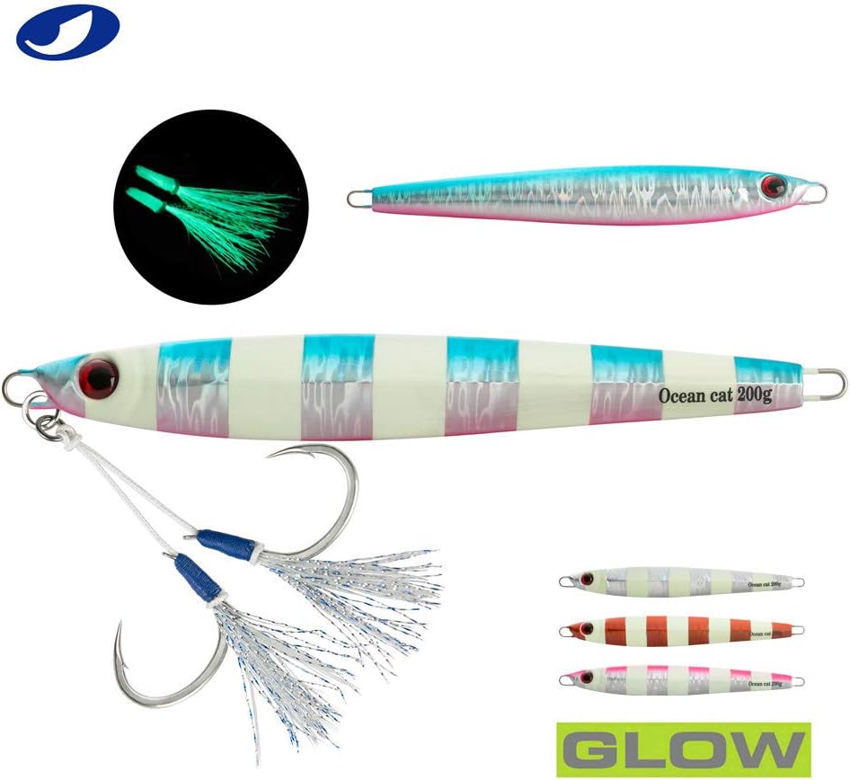 OCEAN CAT 1 PC Slow Fall Pitch Fishing Lures Sinking Lead Metal Flat Jigs Jigging Baits with Hook for Saltwater Fishing 4 Colors 160G/200G