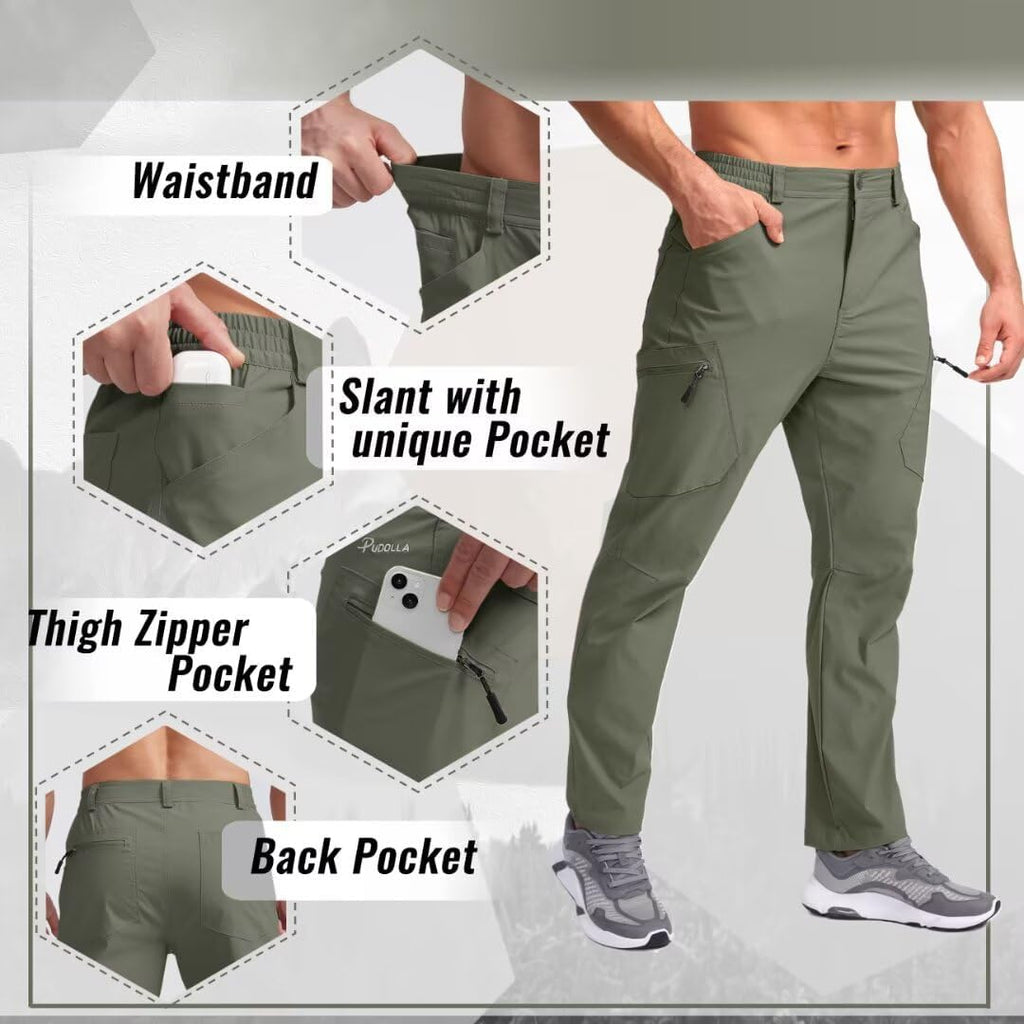 Pudolla Men's Lightweight Hiking Pants with 7 Pockets Quick Dry Water Resistant Fishing Travel Pants