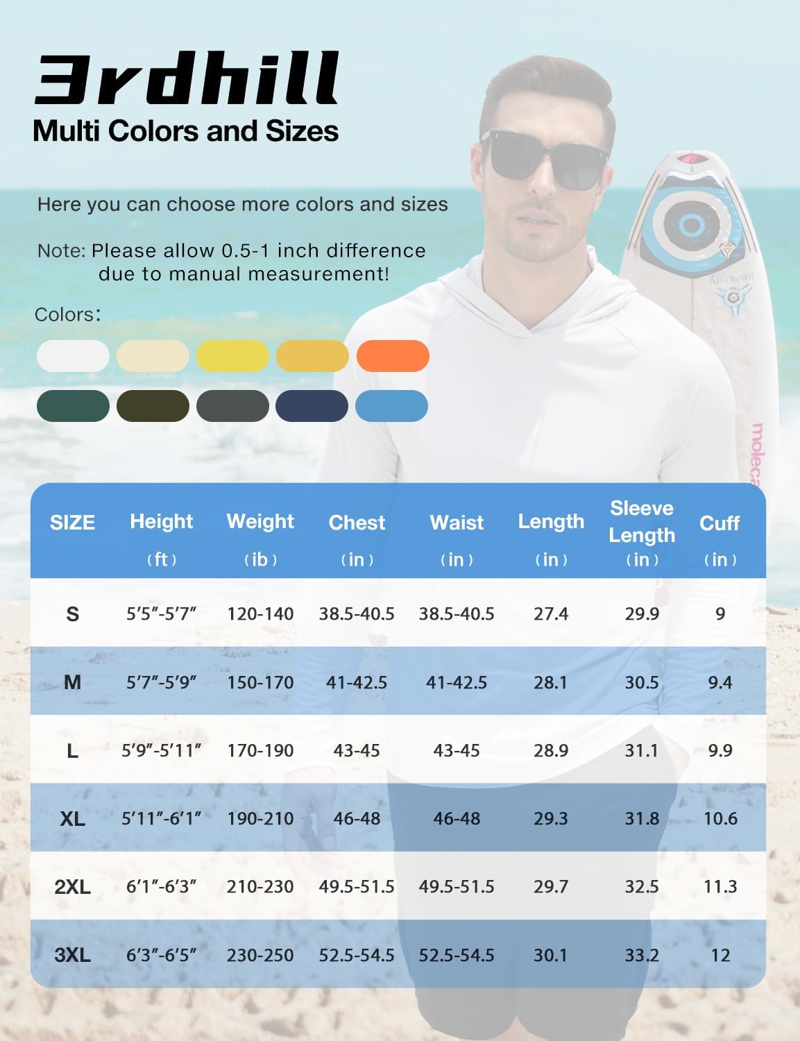 Mens UPF 50+ Sun Hoodie UV Protection Long Sleeve Swimming Rash Guard SPF Quick Dry Fishing Shirt for Outdoor Sports
