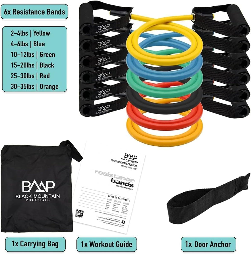 Black Mountain Products Resistance Band Set Six Bands Included - Door Anchor Workout Guide Carrying Bag Tone Build Muscle