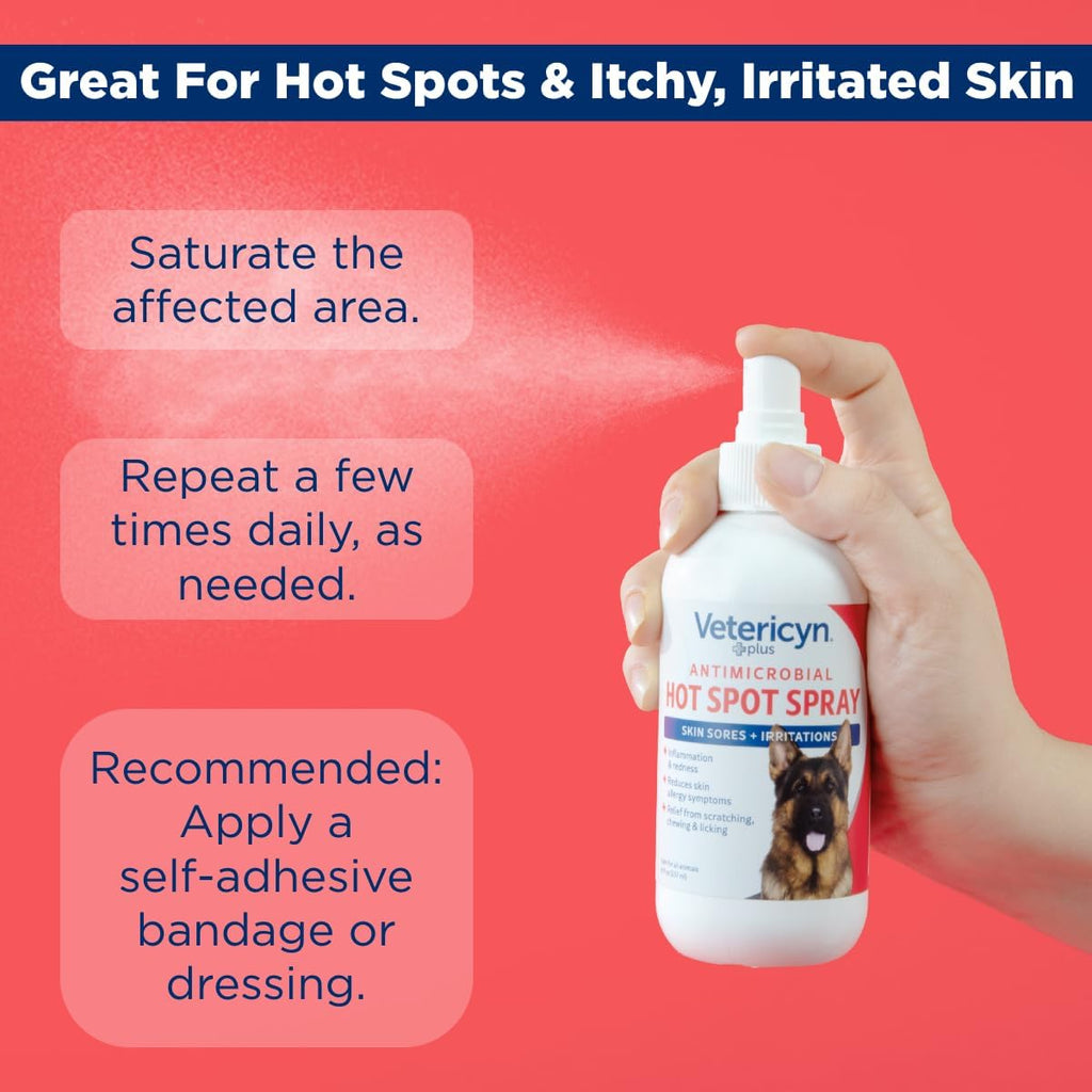 Vetericyn Plus Hot Spot Spray for Dogs Skin Sores and Irritations | Itch Relief for Dogs and Prevents Chewing and Licking at Skin, Safe for All Animals. 8 Ounces