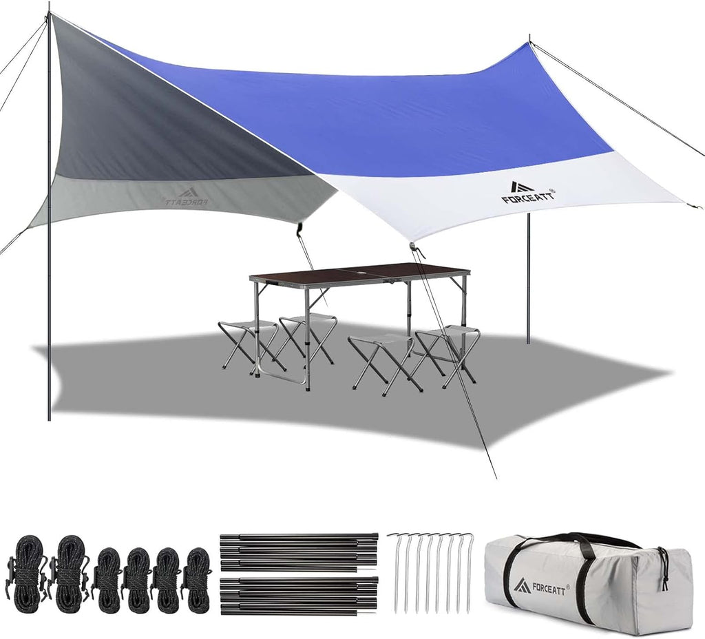 Forceatt 12x14FT Waterproof Camping Tarp with 2 Poles, Sun Shelter for Car, Tent, Hammock in Camping, Hiking, Backpacking, Garden and Traveling