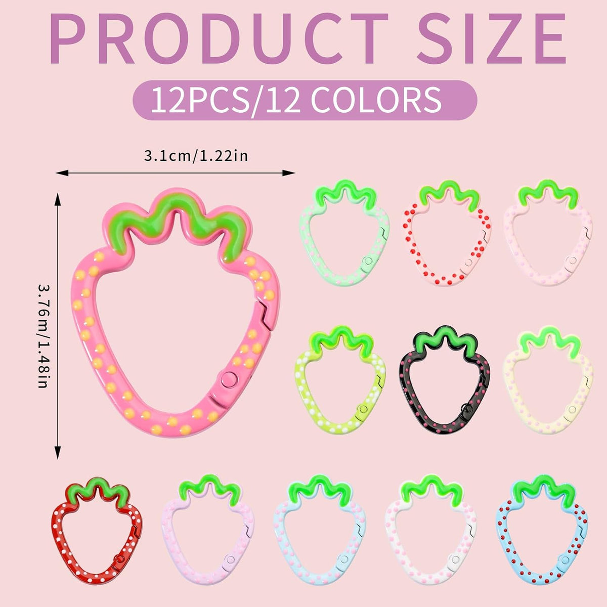12 Pcs Cute Carabiner Keychain Clips,Strawberry Shape Keychain Rings, Metal Ring Spring,Flat Spring Ring for Purse Strap, Handbag, Key Chain Hooks Accessories
