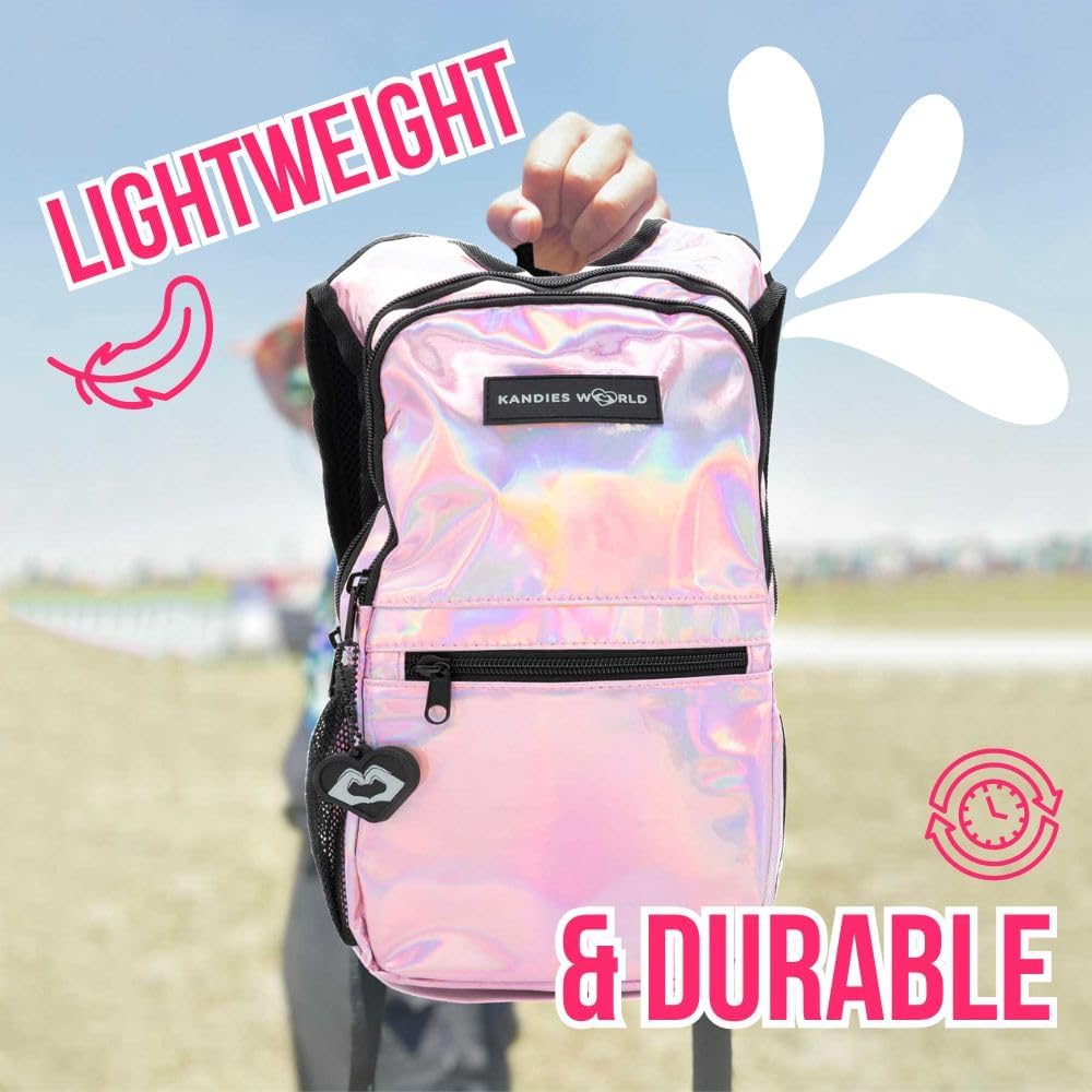 Kandies World Reflective Festival Hydration Pack - 2L Hydropack for Raves, Hiking, Biking, Running, and More (with Anti-Theft Pocket)