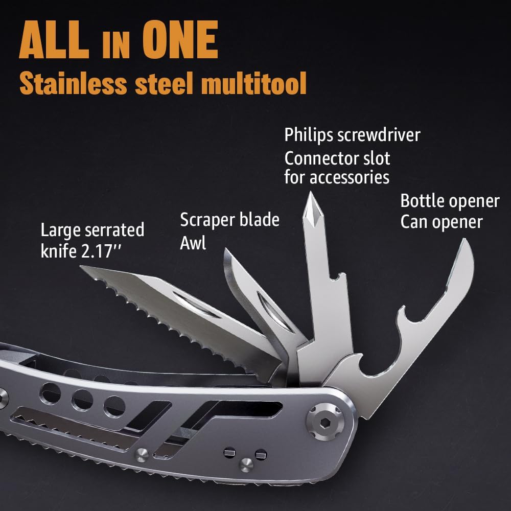 24-in-1 Multitool with Knife, Pliers & 11 Bits Sharp Stainless Steel - Multi Tool for Men - Ideal Gear with Tools for Camping Hiking, Survival, EDC - Best Gifts for Husband Boyfriend 2238