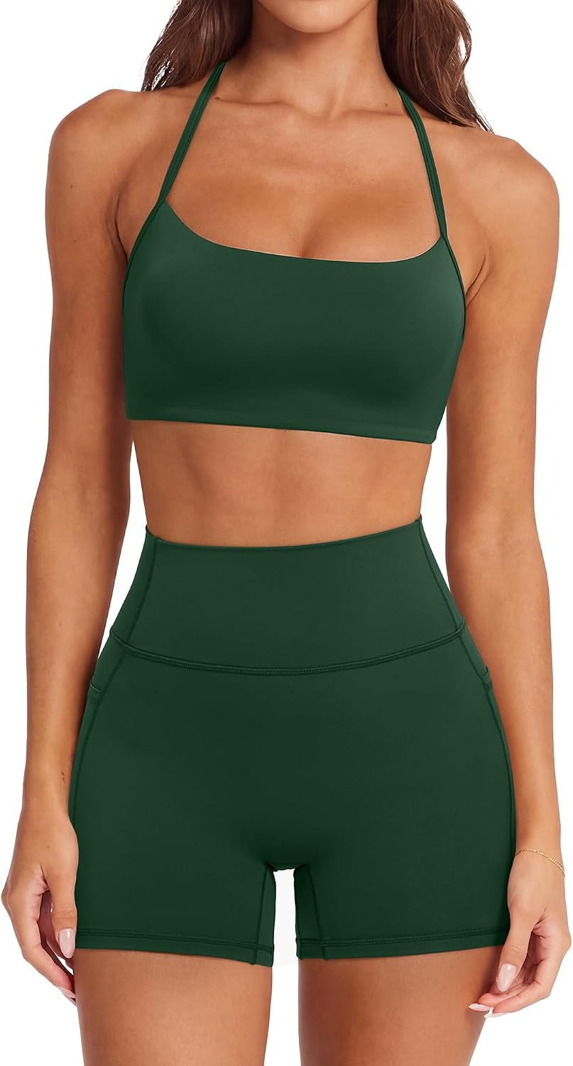 SUUKSESS Women 2 Piece Workout Sets Padded Halter Sports Bras High Waisted Biker Shorts with Pockets