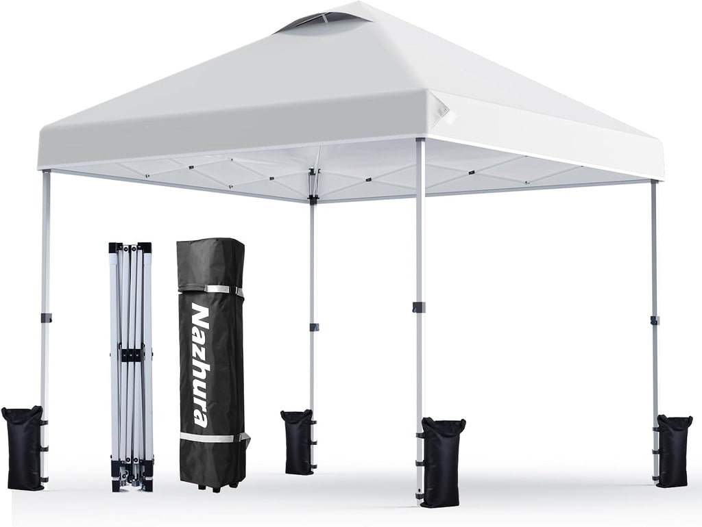 Nazhura 10' x 10' Pop Up Canopy Tent with Sand Weight Bag, Freestanding Sun Shelter for Picnic and Camping, One Person Setup and Height Adjustable (White)