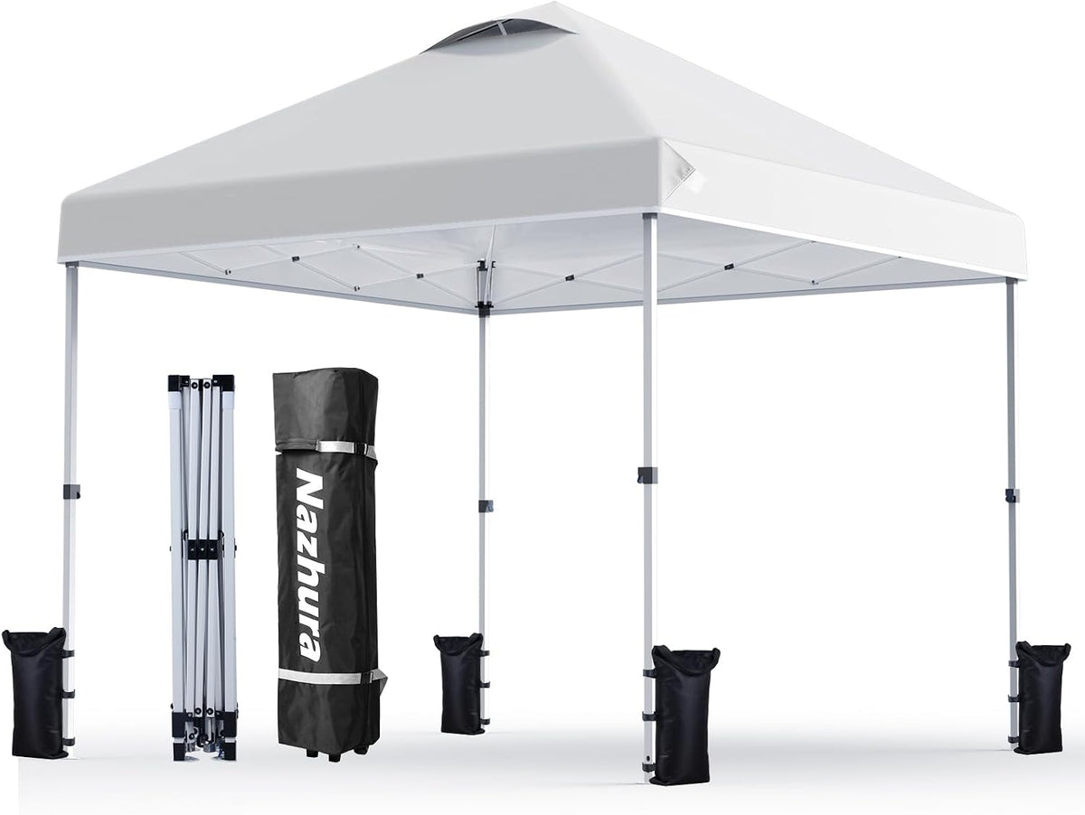 Nazhura 10' x 10' Pop Up Canopy Tent with Sand Weight Bag, Freestanding Sun Shelter for Picnic and Camping, One Person Setup and Height Adjustable (White)