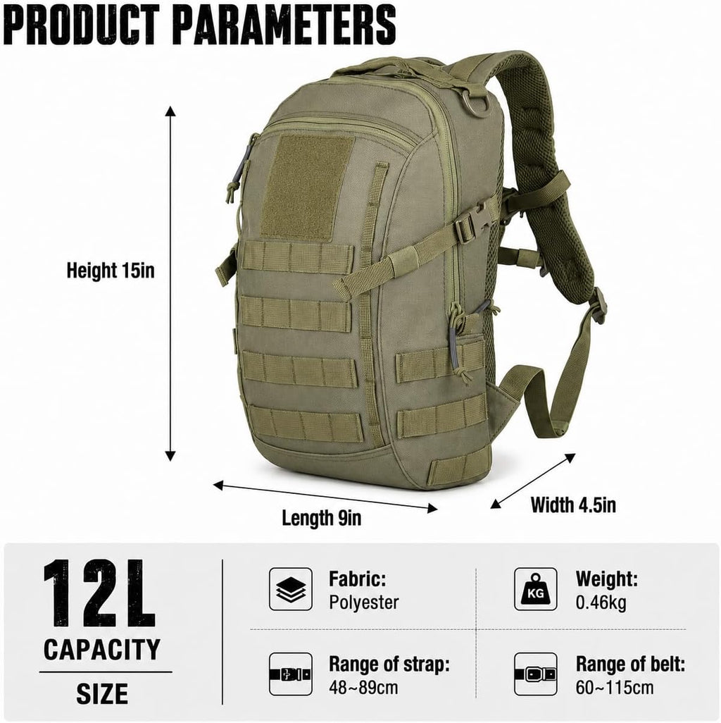 Small Tactical Hiking Backpack, 12L MOLLE Bookbag Daypack for Travel