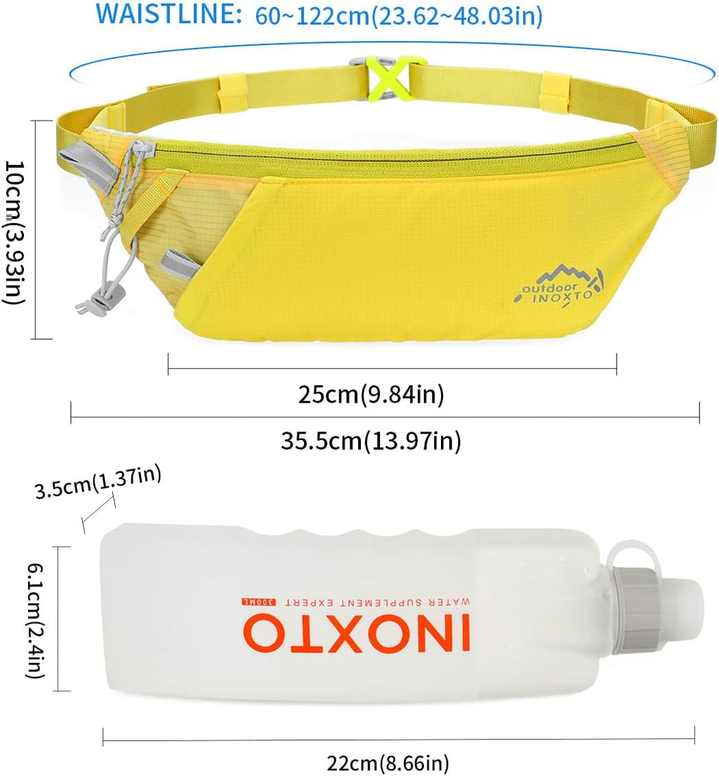 INOXTO Slim Running Belt Fanny Pack for Women and Men Sports Waist Bag Pack with 300ml Water Bottle for Running Walking Cycling Hiking Reflective Running Pouch Belt for All Phones (Yellow)