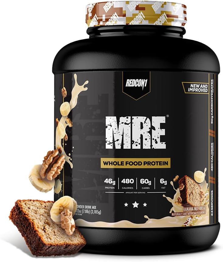 REDCON1 MRE Whole Food Protein Powder, Banana Nut Bread - Meal Replacement Made with Animal and Plant Based Protein Sources, Nutrient and Calorie Dense, 0g Added Sugar (24 Servings)