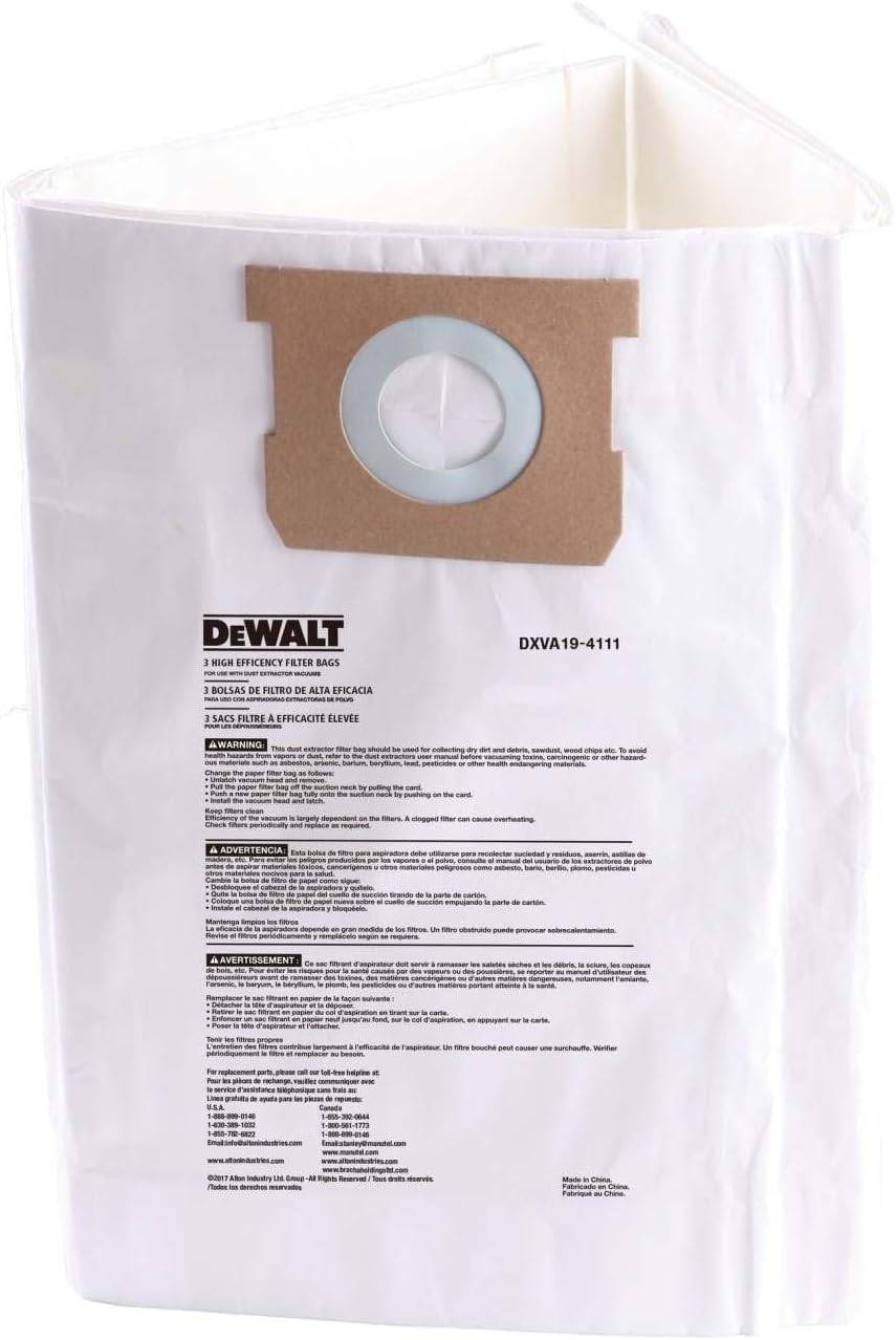 3 Pack DEWALT Dust Bag DXVA19-4102, for 12-16 Gallon Wet/Dry Vacuum, Filter Bag Compatible with DXV12P DXV14P DXV16P DXV16PA DXV16S