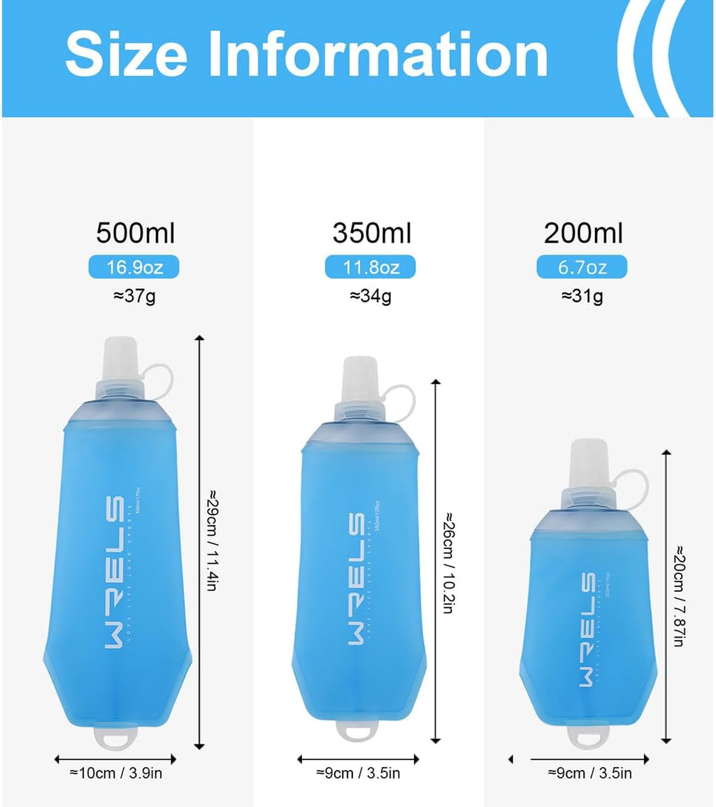 WRELS 200ml/350ml/500ml Collapsible Soft Flask,BPA Free Folding Soft Water Bottle with Hanging Ring,Lightweight TPU Hydration Flask for Running Marathon Cycling Hiking(350ml-2 Packs)