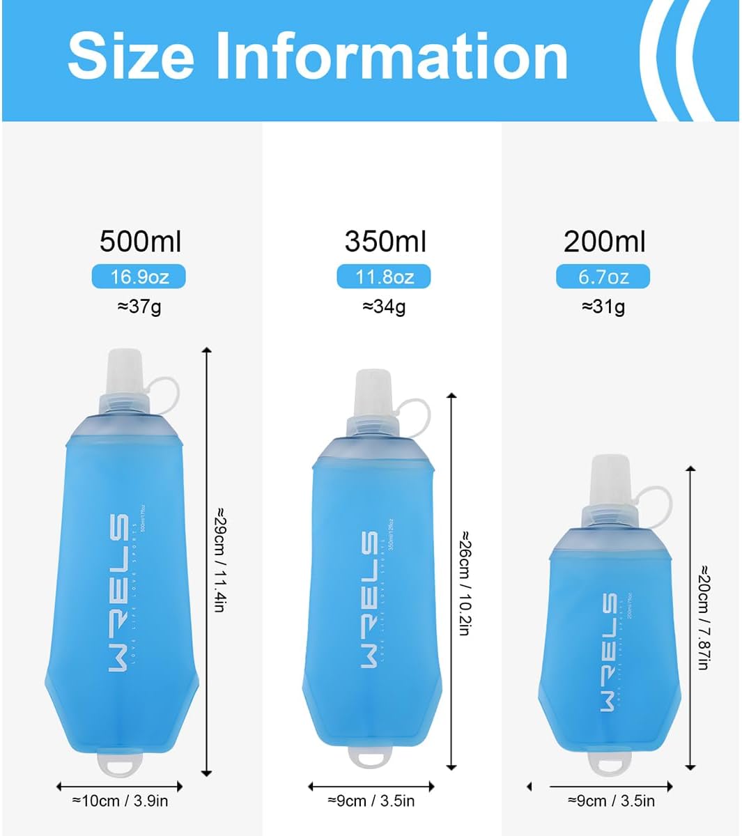 WRELS 200ml/350ml/500ml Collapsible Soft Flask,BPA Free Folding Soft Water Bottle with Hanging Ring,Lightweight TPU Hydration Flask for Running Marathon Cycling Hiking(350ml-2 Packs)