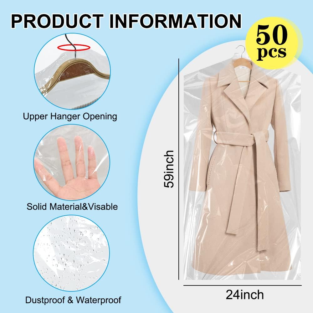 BEISHIDA 50PCS 60 Inch Plastic Garment Bag-Plastic Clear Dry Cleaner Laundry Bags for Clothes Cover, Hanging Clothes Storage for Long Dresses Skirt Coat Suit Shirt Jacket