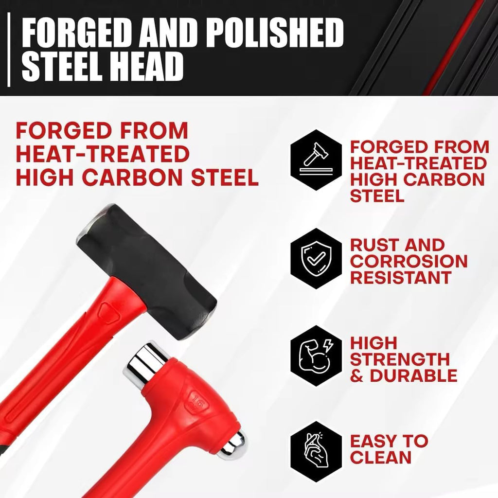 C&T 5-Piece Hammer Set, 16oz Ball Peen Hammer | 32oz Ball Peen Hammer | 32oz Rubber Mallet | 3lb Sledge Hammer | 3lb Cross Peen, Fiberglass Handle & Mallet Set