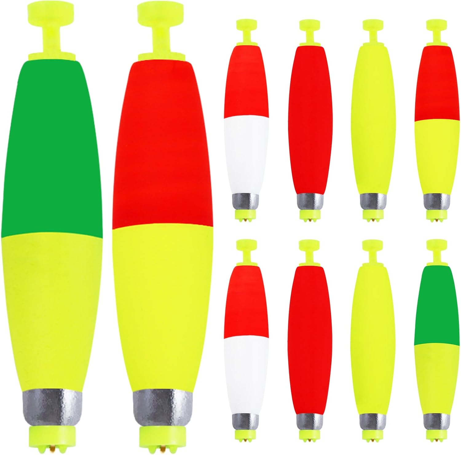 Weighted Fishing Bobbers 10-Pack - Slip Bobbers for Catfish, Panfish with Spring-Loaded Clip & Bottom Weight | 3 Sizes & 5 Multi-Color Styles (EVA Foam Floats)