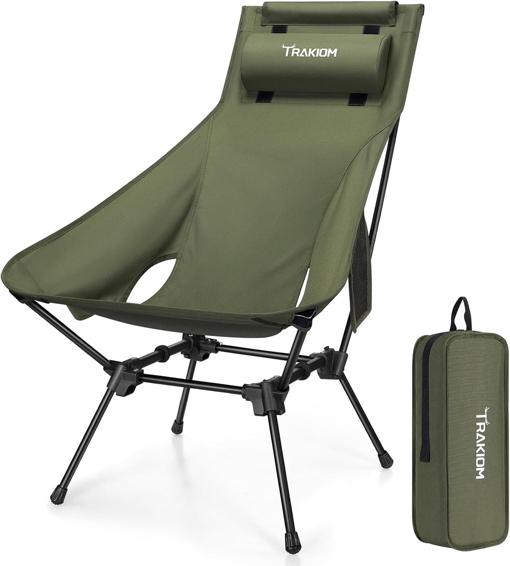Trakiom High Back Camping Chair with Head/Neck Support Widened Seat, Black