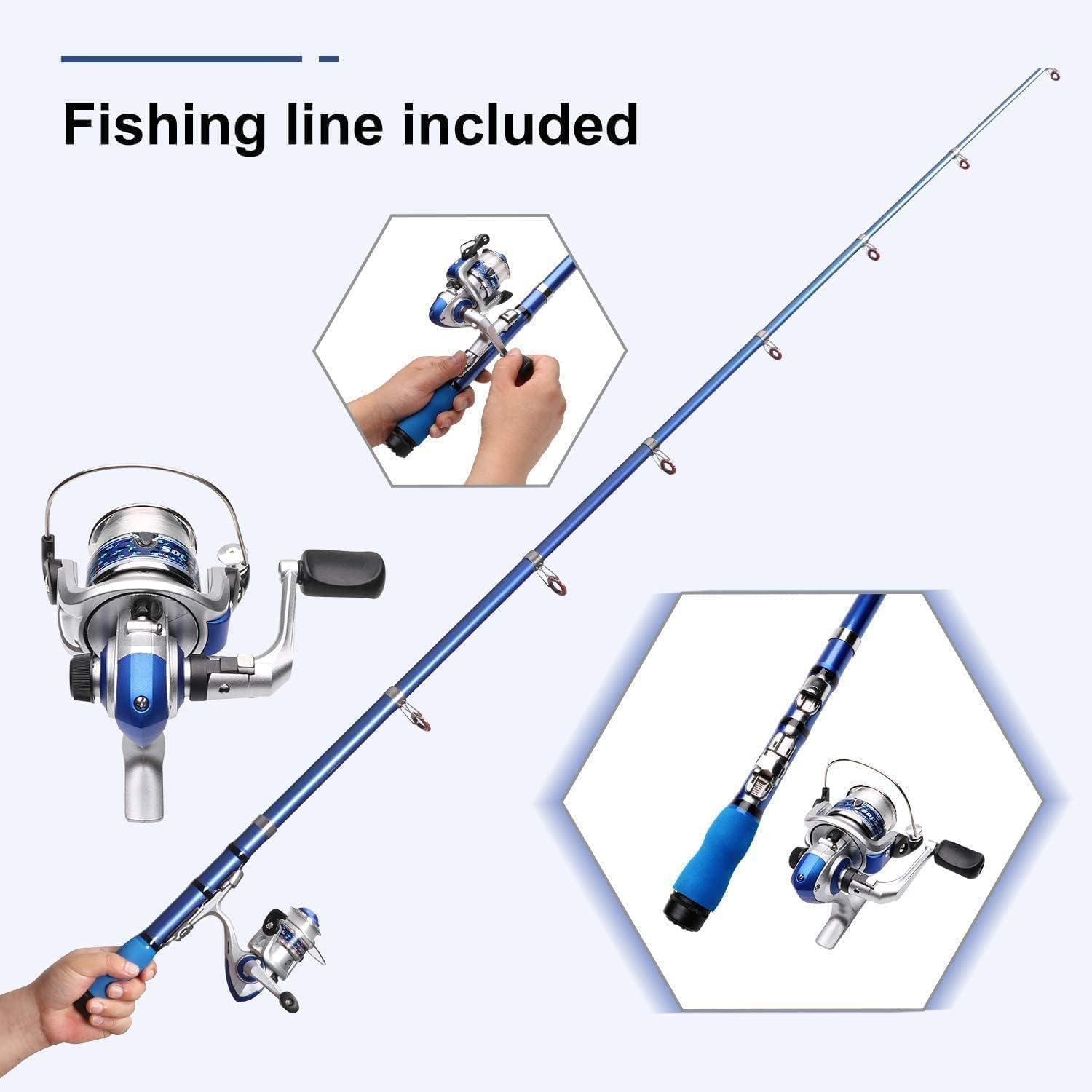 Portable Fishing Spinning Rod and Reel Combo Set Carbon Fiber Fluorescent Rod Tip, with Fishing Lures Line Carrier Bag Kits for Travel Surf Saltwater Freshwater