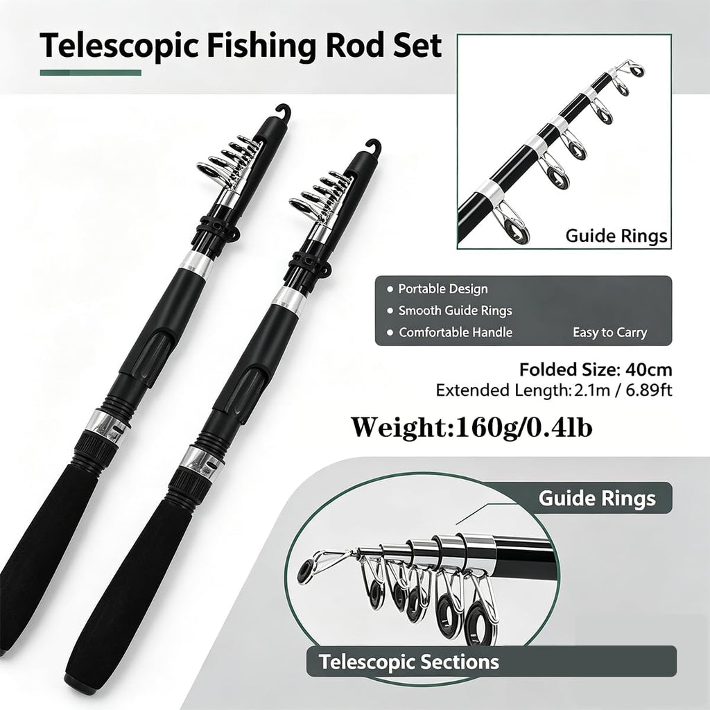 Fishing Pole Combo Set,2.1m/6.89ft 2PCS Collapsible Rods 2PCS Spinning Reels Lures Set Carrier Bag Carbon Fiber Telescopic Fishing Rods Sea Saltwater Freshwater Kit Fishing Rod Reel Combos
