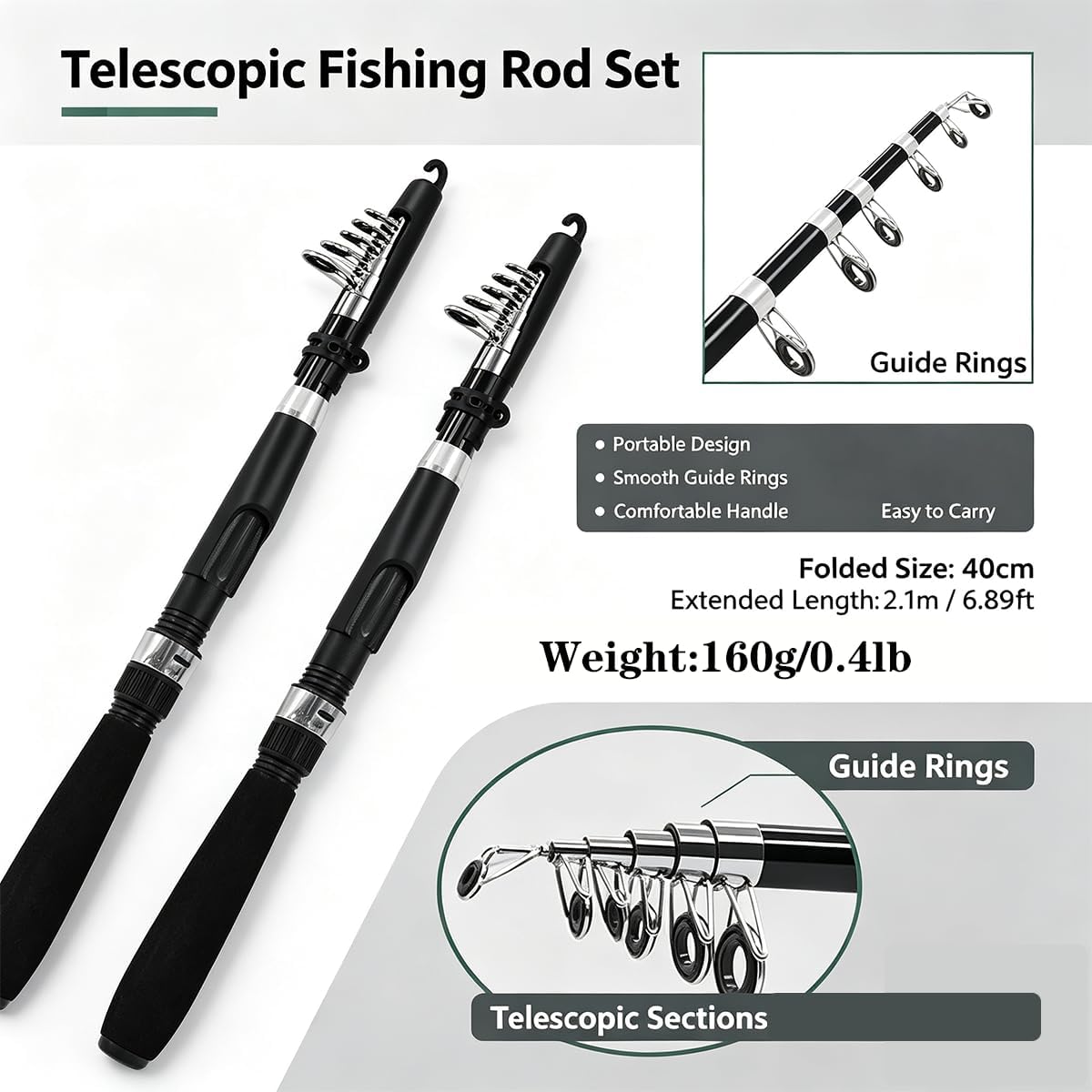 Fishing Pole Combo Set,2.1m/6.89ft 2PCS Collapsible Rods 2PCS Spinning Reels Lures Set Carrier Bag Carbon Fiber Telescopic Fishing Rods Sea Saltwater Freshwater Kit Fishing Rod Reel Combos