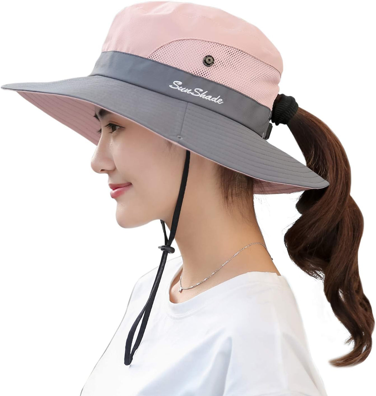 Muryobao Women's Ponytail Sun Hat UV Protection Foldable Mesh Wide Brim Beach Fishing Hat