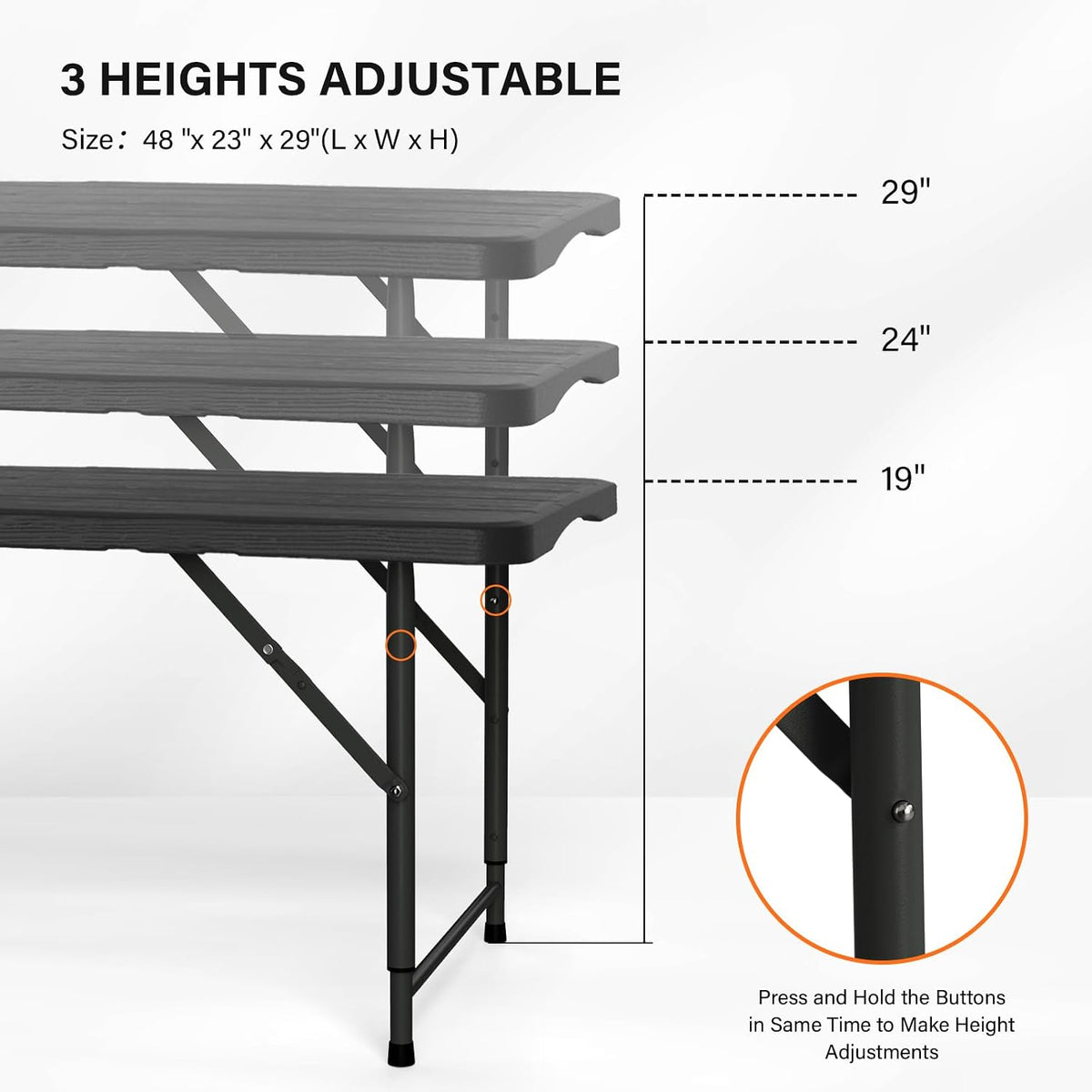 VINGLI 4 FT Plastic Folding Camping Table,3-Level Adjustable Height, Portable in/Outdoor Party Picnic Dining Desk,Off-White Garden Soccer Multipurpose Entertaining Activities, Black