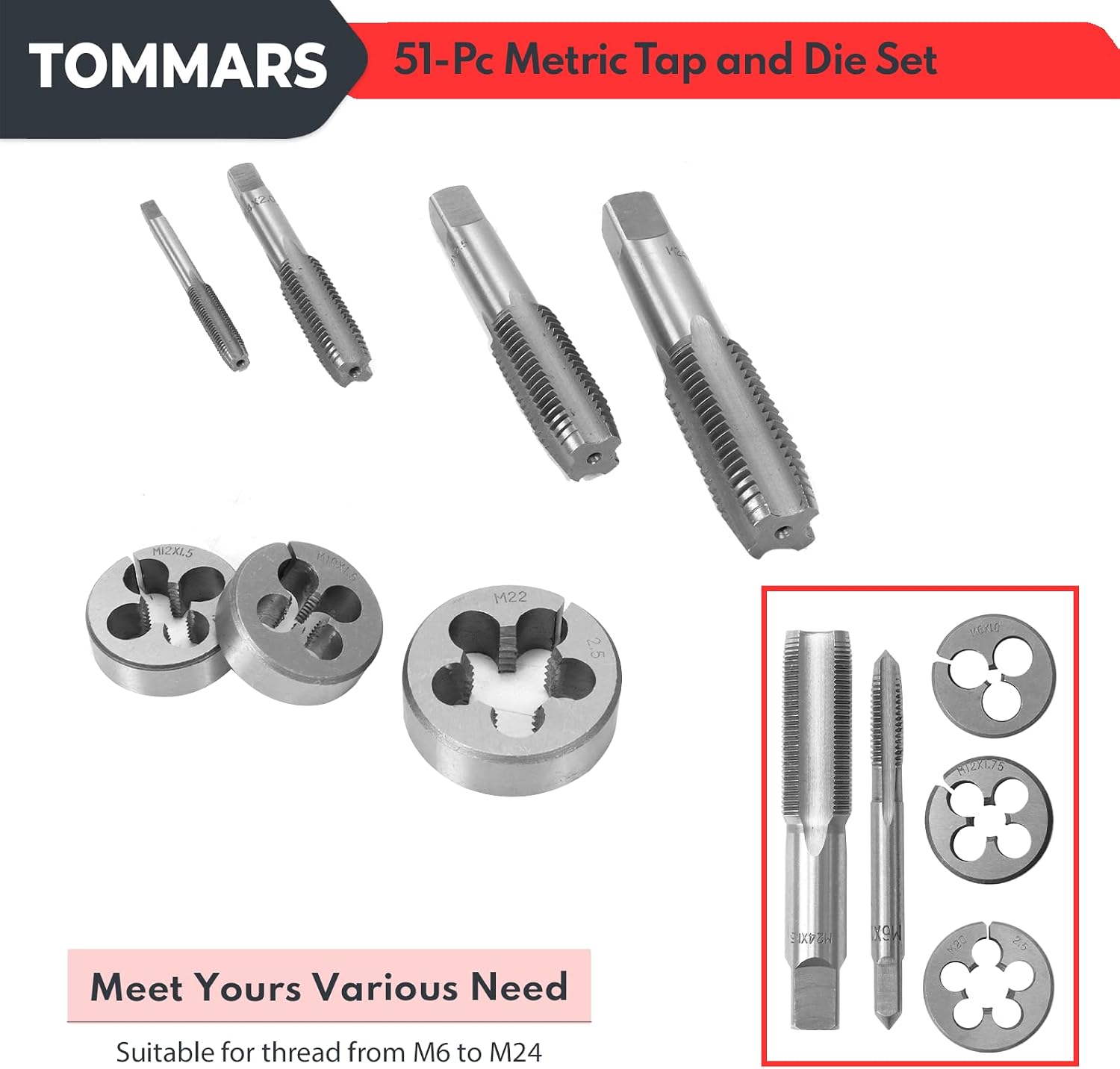 TOMMARS 51Pcs Jumbo Tap and Die Set, M6-M24 Metric Threading
