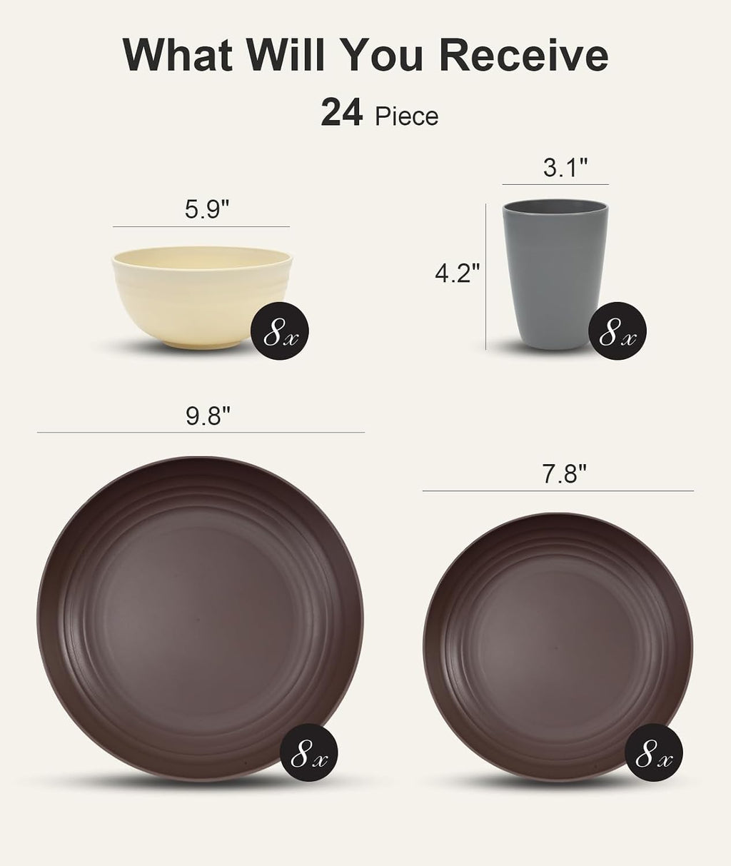 Quatish 24 Piece Plates and Bowl Set for 8, Dinnerware Dish Set for Kitchen