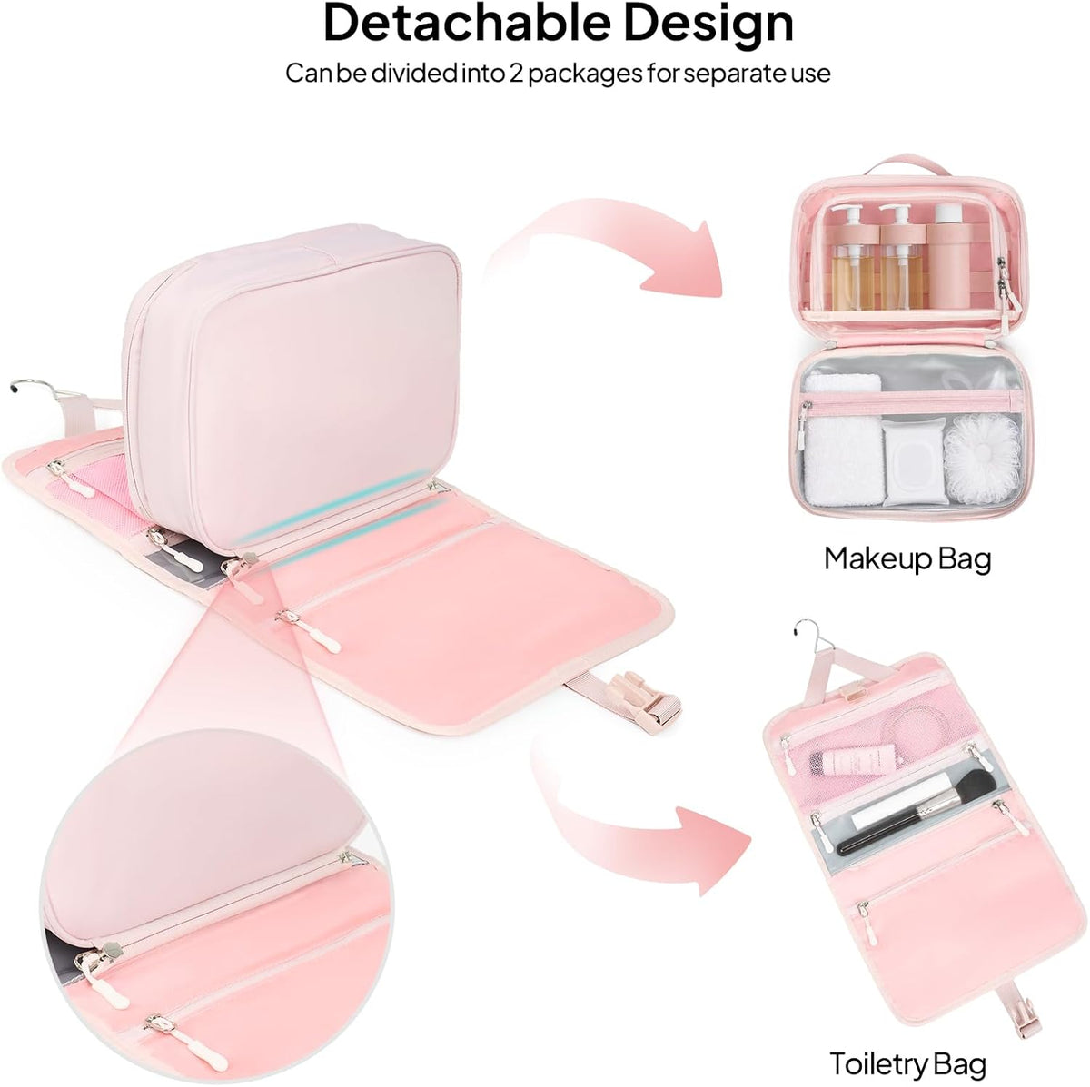 TOPEAST Quilted Travel Toiletry Bag for Women,Detachable Hanging Makeup Bag