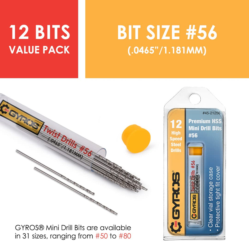 GYROS 12 PCS #56 Micro Drill Bit Set – Small Drill Bits for Jewelry, Plastic, Resin, & Soft Metal – High-Speed Steel Wire Gauge Mini Twist Drill Bit Set for Pin Vise Hand Drill & Rotary Tool