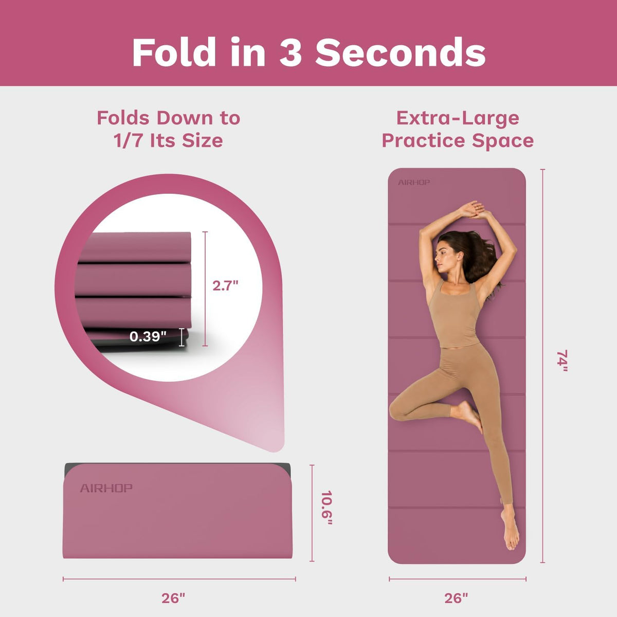 AIRHOP Foldable Yoga Pilates Mat 10mm Thick Non Slip TPE Workout Pad 75x26"