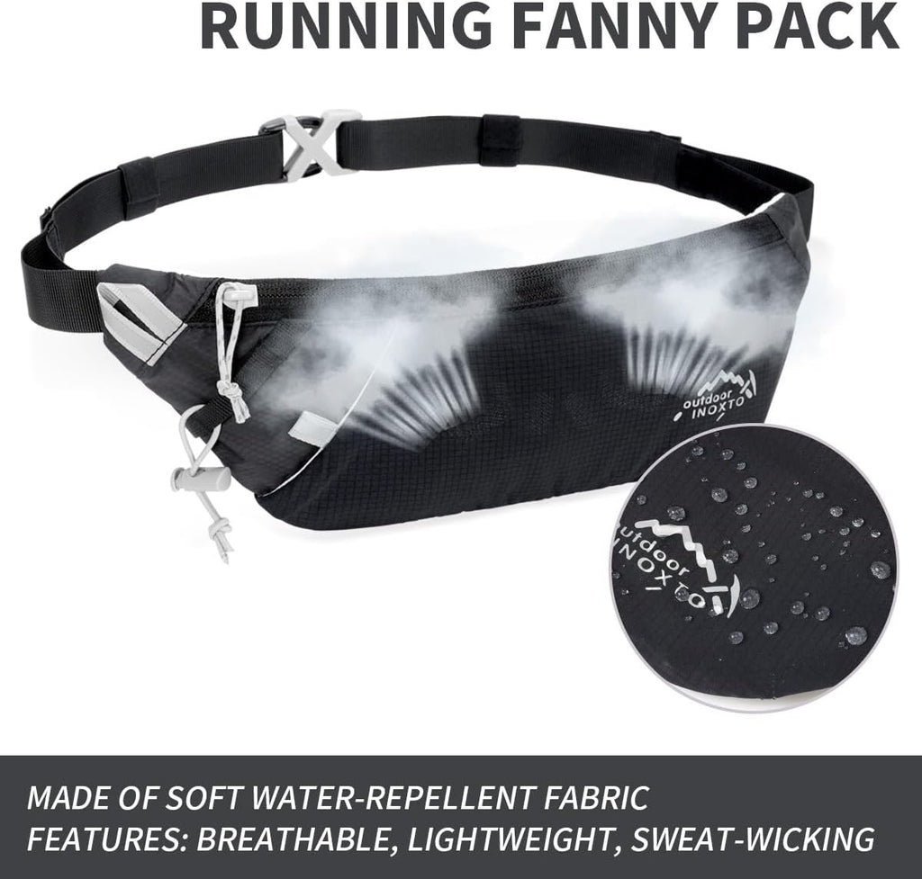 INOXTO Slim Running Belt Fanny Pack for Women and Men Sports Waist Bag Pack with 300ml Water Bottle for Running Walking Cycling Hiking Reflective Running Pouch Belt for All Phones (Black) (Black)