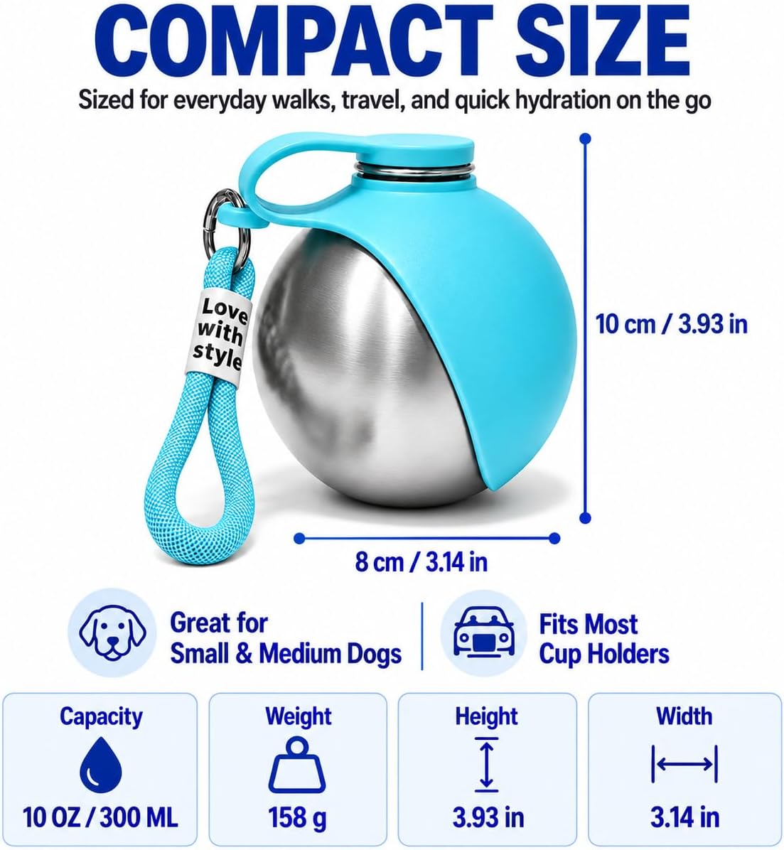 Portable Dog Water Bottle with Bowl, 10oz Stainless Steel, Leakproof