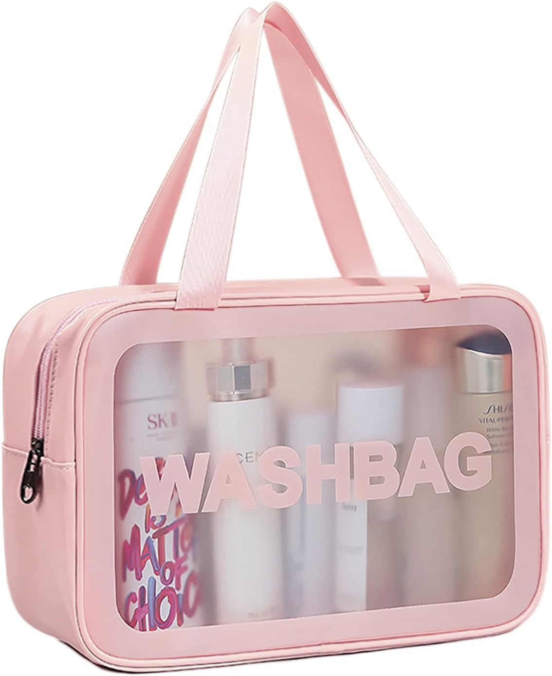 DAPOWER Travel Toiletry Bag for Women, Matte Translucent Toiletry Bag with Handy Handle, Makeup Cosmetic Organizer Bag for Travel Toiletries Accessories (Pink-XL)