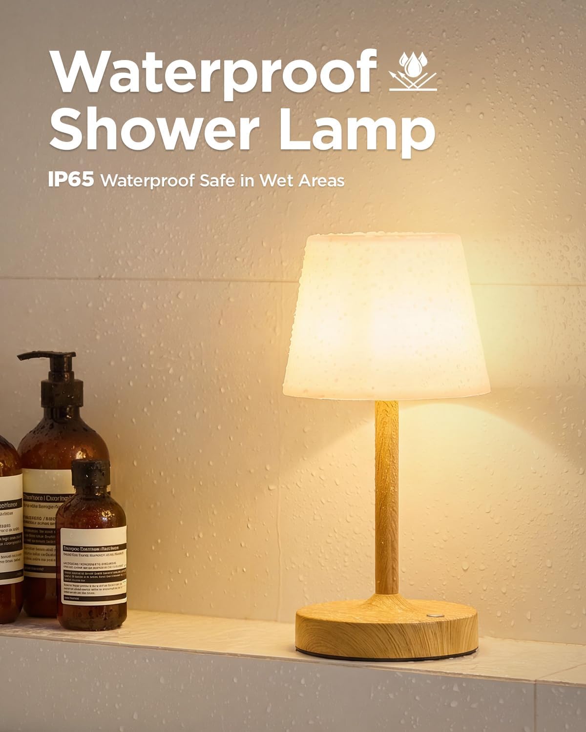 IP65 Waterproof Rechargeable Shower Lamp, Cordless Bathroom Touch Lamps