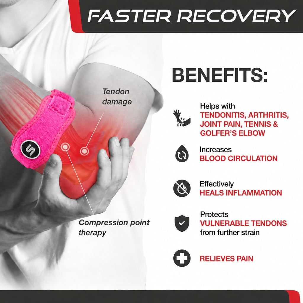 Sleeve Stars Tennis Elbow Brace for Men & Women, Elbow Brace for Tendonitis, Tennis Elbow Strap, Golfers Elbow Brace, Elbow Support Wrap for Tennis Elbow Relief, Fits 9"-23" (Pair/Hot Pink)