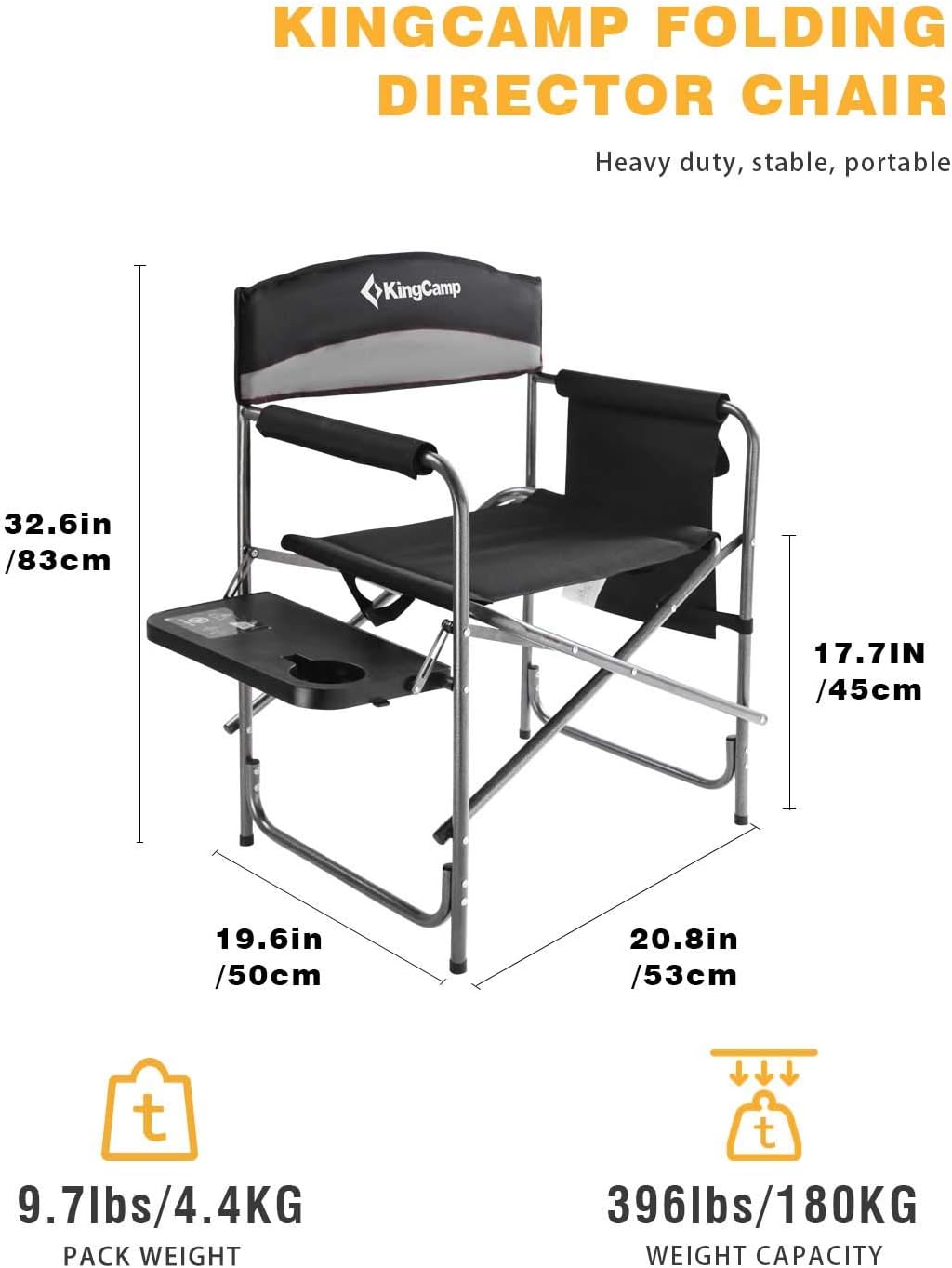 KingCamp Heavy Duty Camping Directors Chairs Supports 400lbs for Adults, Padded Folding Portable Camping Chair with Side Table Storage Pockets Carry Straps