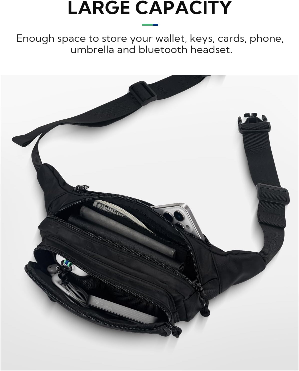 WATERFLY Fanny Pack Waist Bag: 2.5L Large 5 Zipper Pockets for Women Men