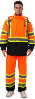 Hi Vis Safety rain Jacket，Reflective Class 3 Rain coat with Inner Mesh Lining and Pockets High Visibility Waterproof work Rain Suits for men&women（Orange,SM/MD）