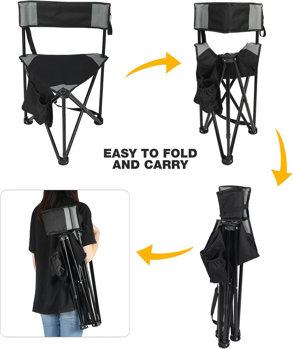 REDCAMP 2 Pack Tripod Camping Chairs Folding Lightweight, Portable 3 Legged Tripod Stool Seat with Backrest, Small Golf Chair Compact for Adults Fishing Hunting, Black