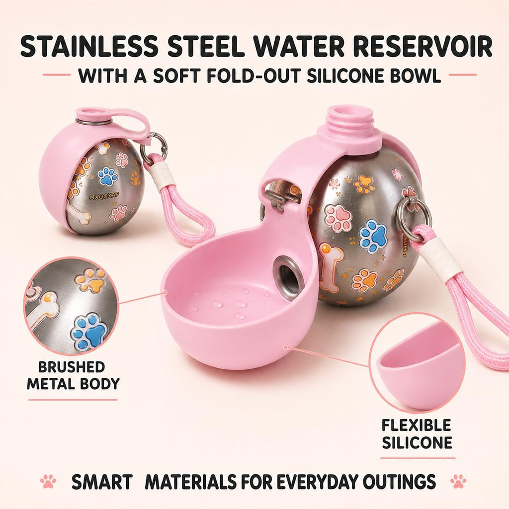 2026 New 2-in-1 Dog Water Bottle Portable, 10 Ounce Stainless Steel Dog Water Bottle, Travel Dog Water Bottle with Foldable Silicone Bowl and Water Reflux Design, Suitable for During Walks (Pink)