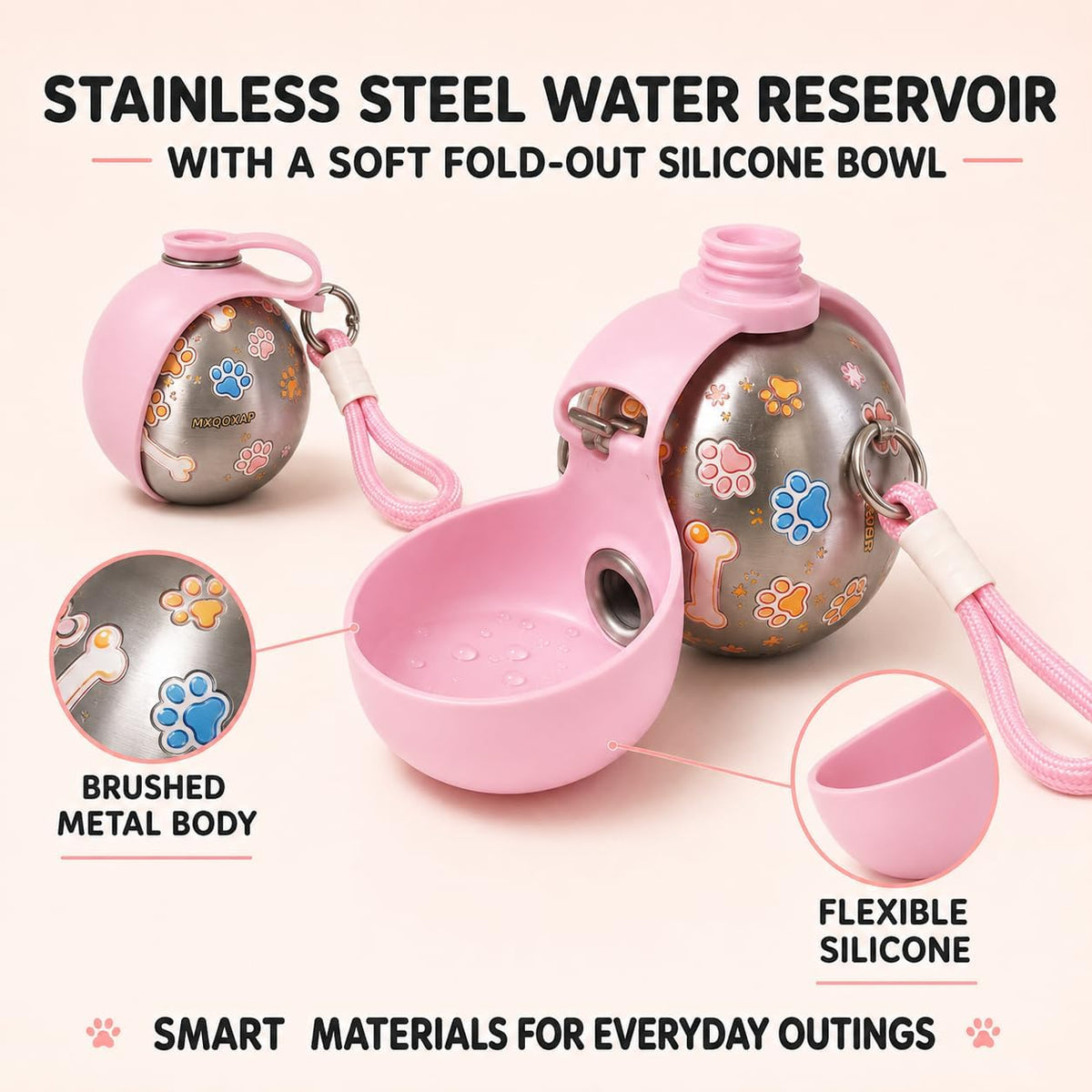 2026 New 2-in-1 Dog Water Bottle Portable, 10 Ounce Stainless Steel Dog Water Bottle, Travel Dog Water Bottle with Foldable Silicone Bowl and Water Reflux Design, Suitable for During Walks (Pink)