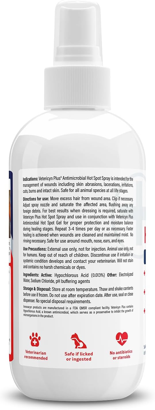 Vetericyn Plus Hot Spot Spray for Dogs Skin Sores and Irritations | Itch Relief for Dogs and Prevents Chewing and Licking at Skin, Safe for All Animals. 8 Ounces