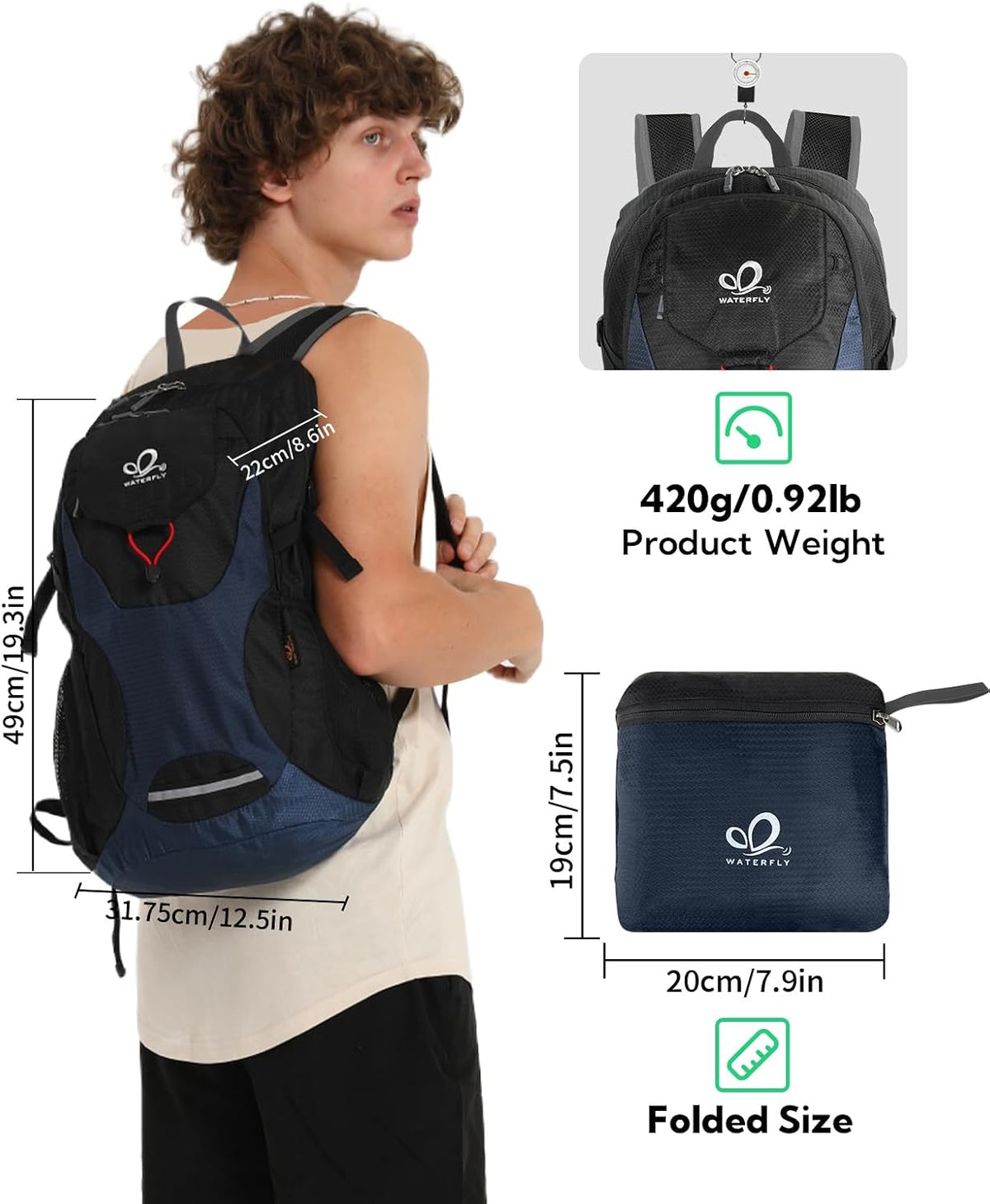 WATERFLY Lightweight Packable Hiking Backpack, 30L Day Pack
