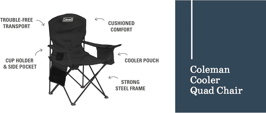 Coleman Portable Camping Chair with 4-Can Cooler, Cushioned Seat & Back with Side Pockets & Cup Holder, Carry Bag Included, Great for Camping, Tailgating, Firepits, Patio, & More