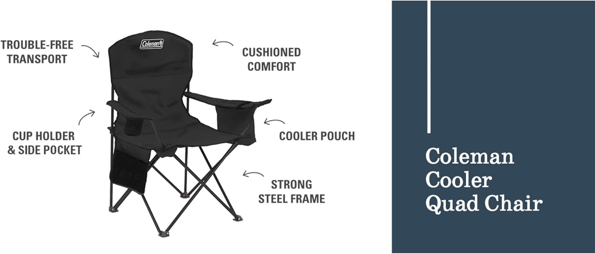Coleman Portable Camping Chair with 4-Can Cooler, Cushioned Seat & Back with Side Pockets & Cup Holder, Carry Bag Included, Great for Camping, Tailgating, Firepits, Patio, & More